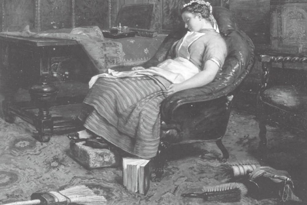 帕特里克．艾倫．弗雷澤（Patrick Allan Fraser）〈怠惰〉， 1871 年。模特兒是畫家自己的女僕。她可不是工作中打瞌睡的怠惰者，而是讀了主人所著的「有用的書」睡著的畫面。（創意市集提供）